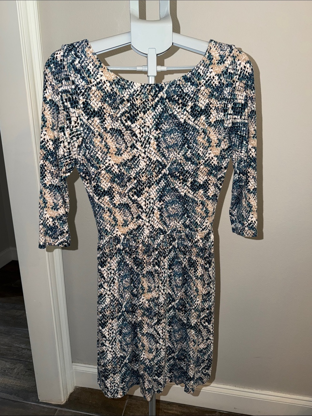 Printed Scoop Neck Women’s Dress in Navy and Cream